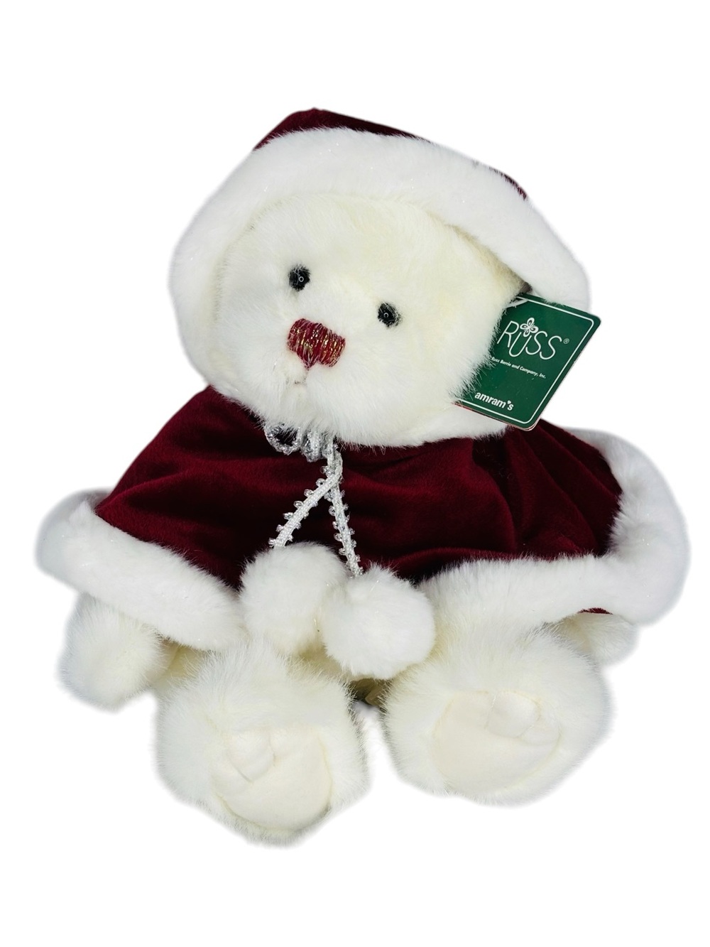 Russ Berrie Sugar Plum Bear Red & White Faux Fur Trim Hooded Tassel Cape Plush